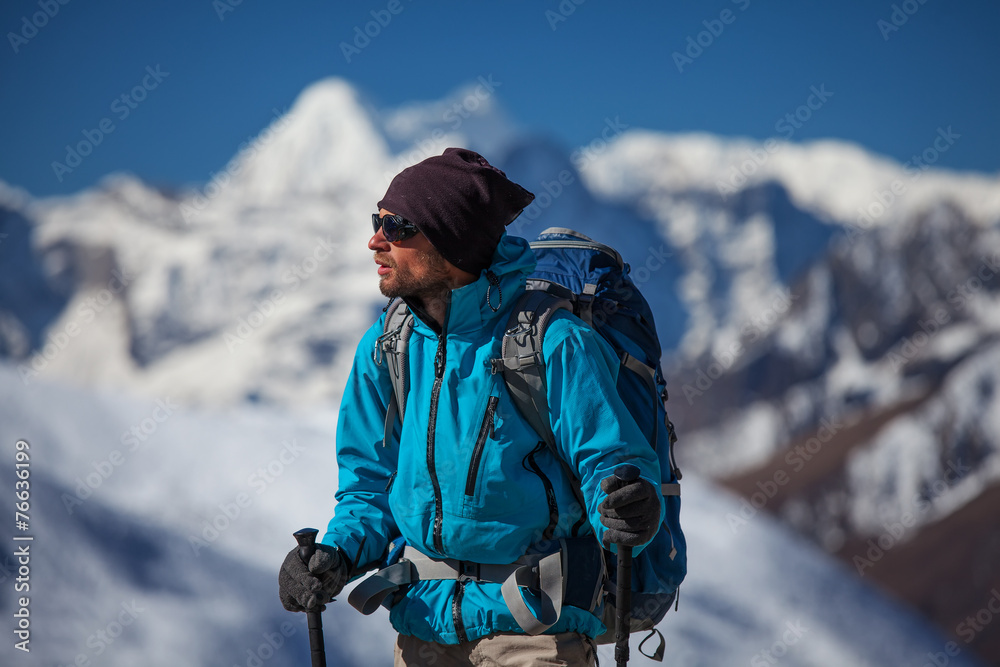 Hiker on the trek in Himalayas, Khumbu valley, Nepal