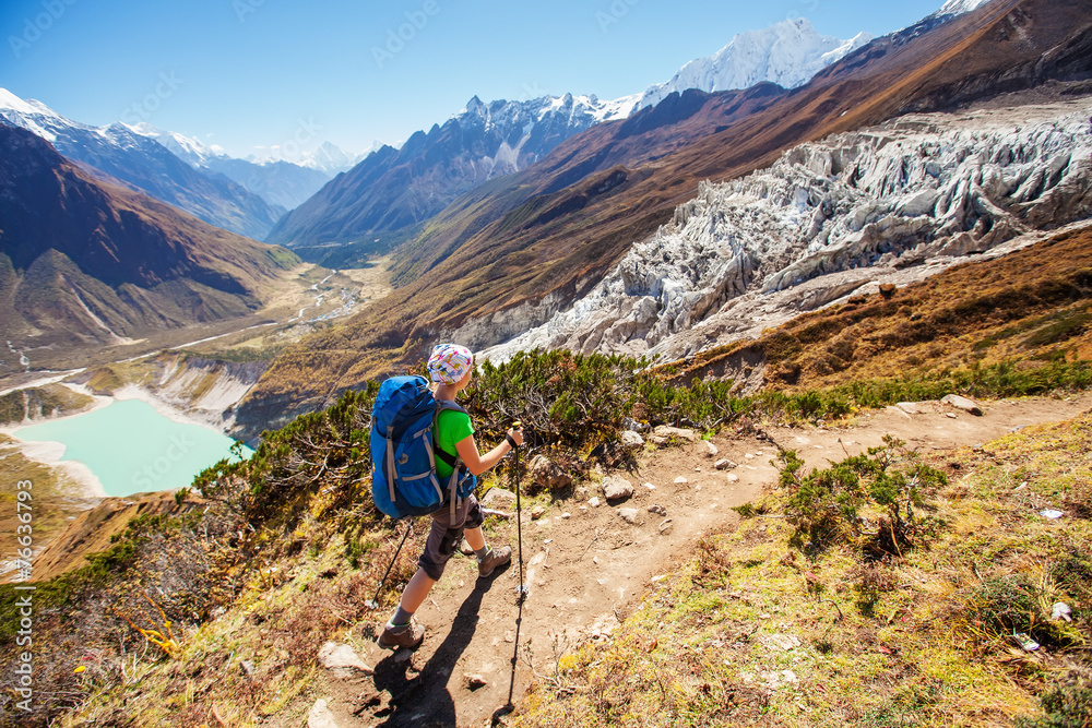 Hiker on the trek in Himalayas, Manaslu region, Nepal