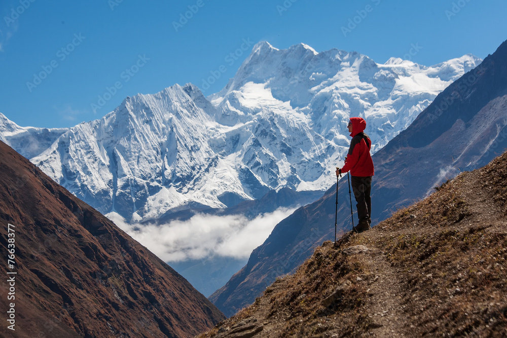 Hiker on the trek in Himalayas, Manaslu region, Nepal Hiker on the trek in Himalayas, Manaslu region, Nepal