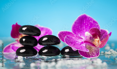 Photography Spa still life with pink orchid and black zen stones