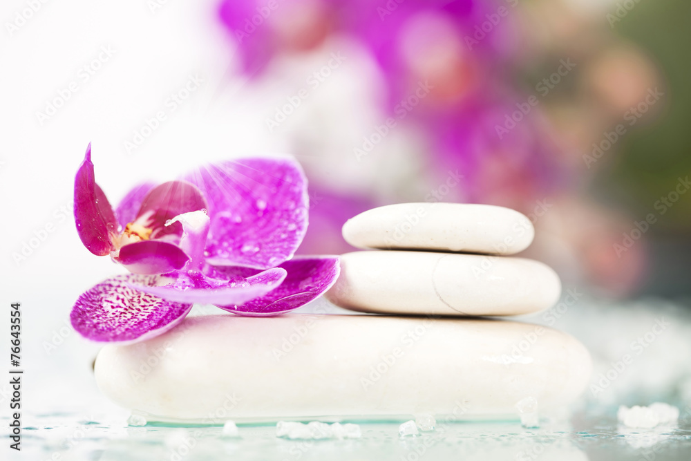Spa still life with pink orchid and white zen stone Spa still life with pink orchid and white zen stone