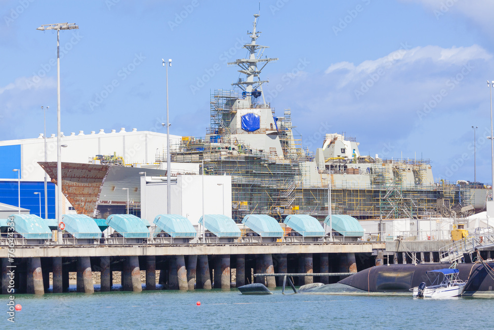 Fototapeta premium Destroyer under construction in a naval shipyard