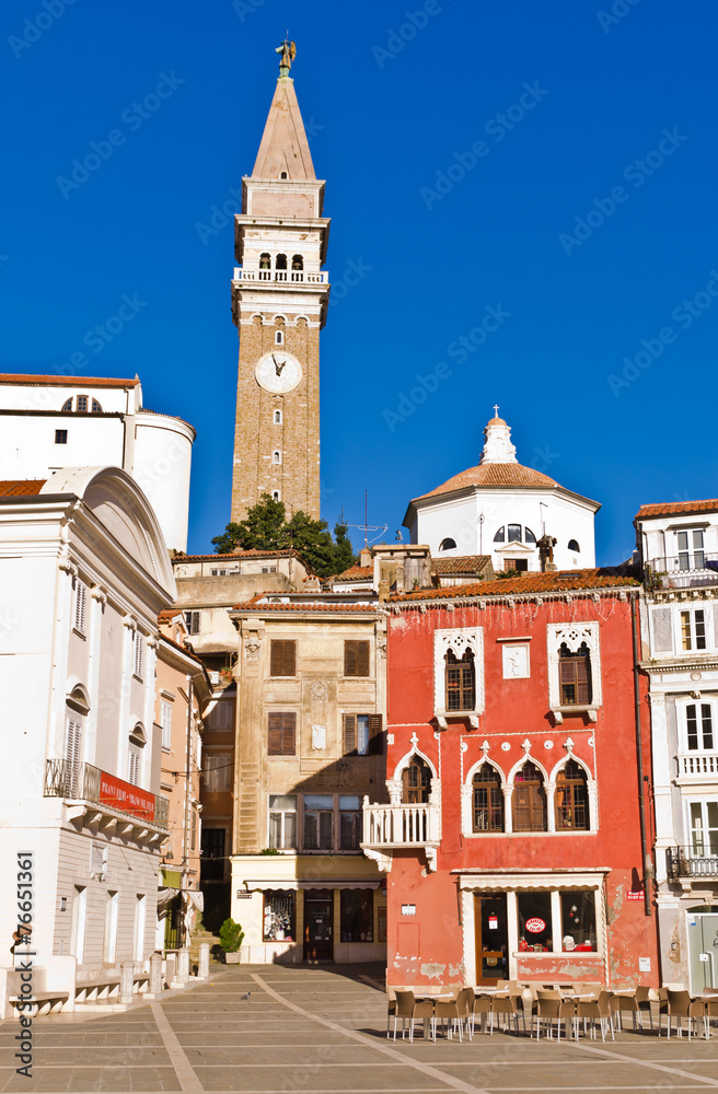 Bell tower and buildings at Tartini square in Piran, Istria