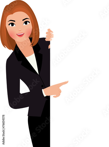 Young businesswoman in suit holding large blank white sign