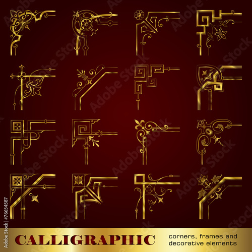 Calligraphic corners, frames and decorative elements in gold