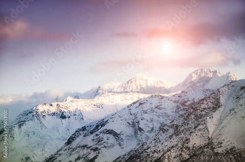 Winter mountains at sunset
