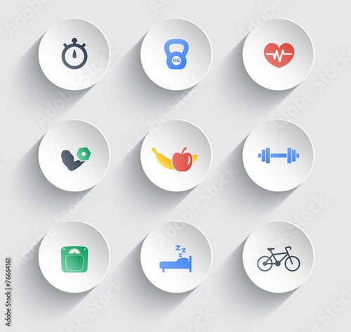 fitness, health, gym trendy color icons on circles with shadow