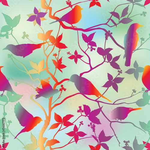 Birds silhouette branch leaf seamless background. Floral pattern