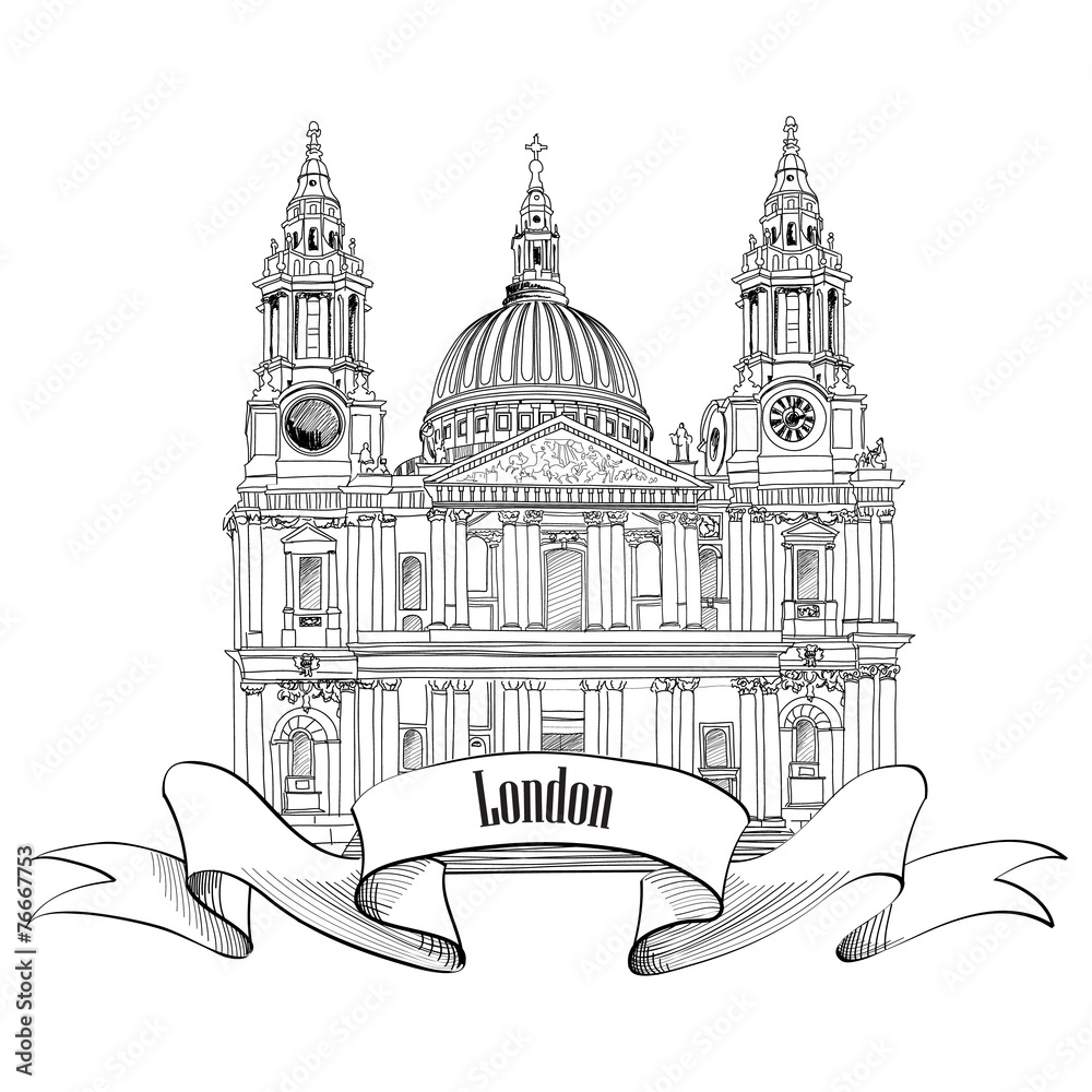 St. Paul Cathedral, London, UK. Hand Drawn Illustration isolated on white background. 