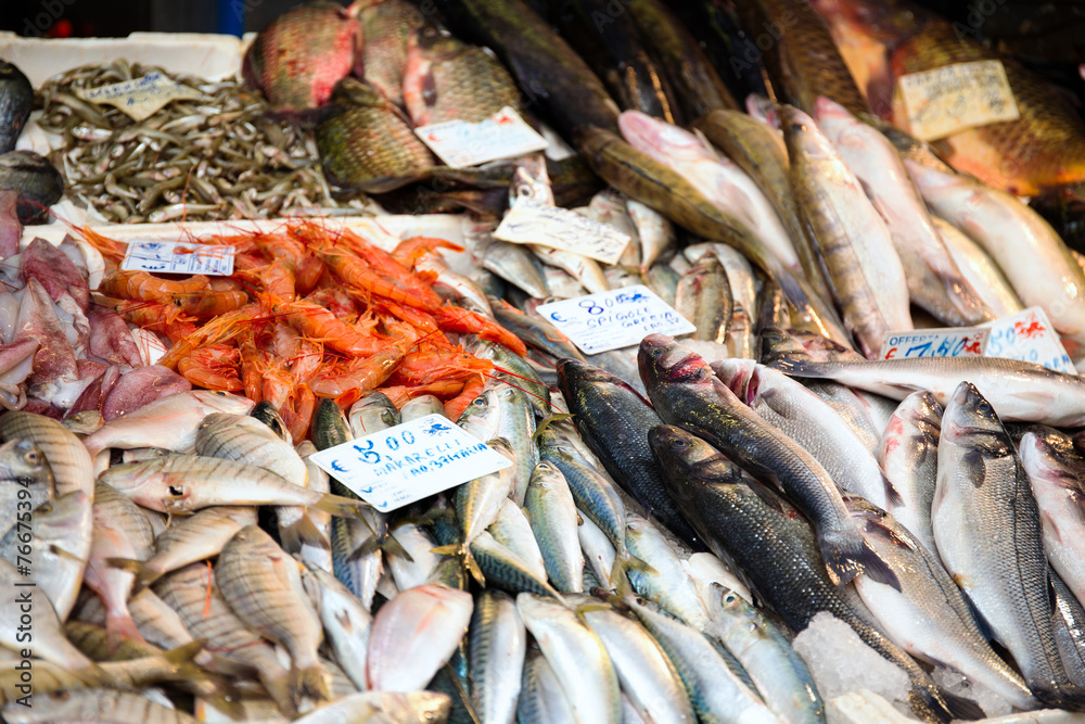 Close up of fish on display in a fish market