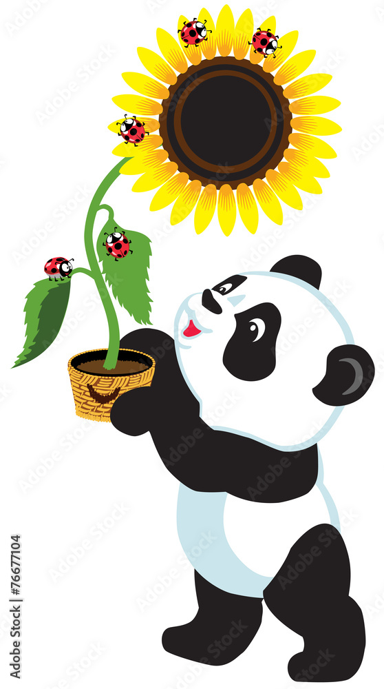 Naklejka premium cartoon panda holding sunflower