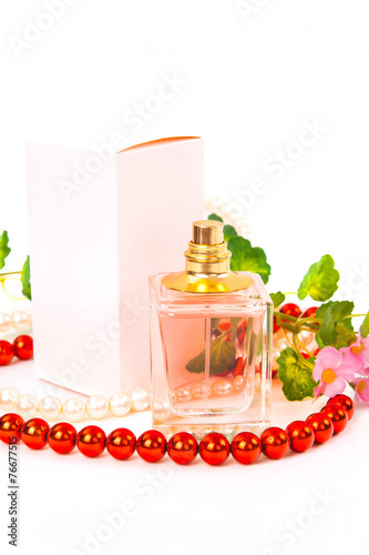 pink perfume, box, flowers, chaplet on white background