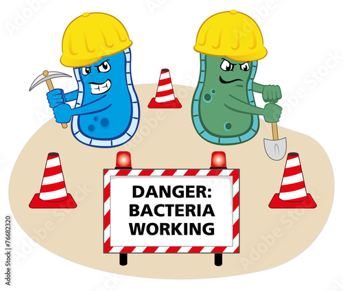 Cartoon of microorganism viruses, bacteria, working