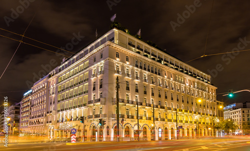Building in the city center of Athens decorated for Christmas