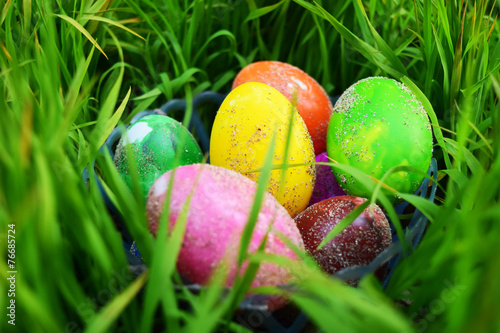 Easter Eggs with Fresh Green Grass over white background