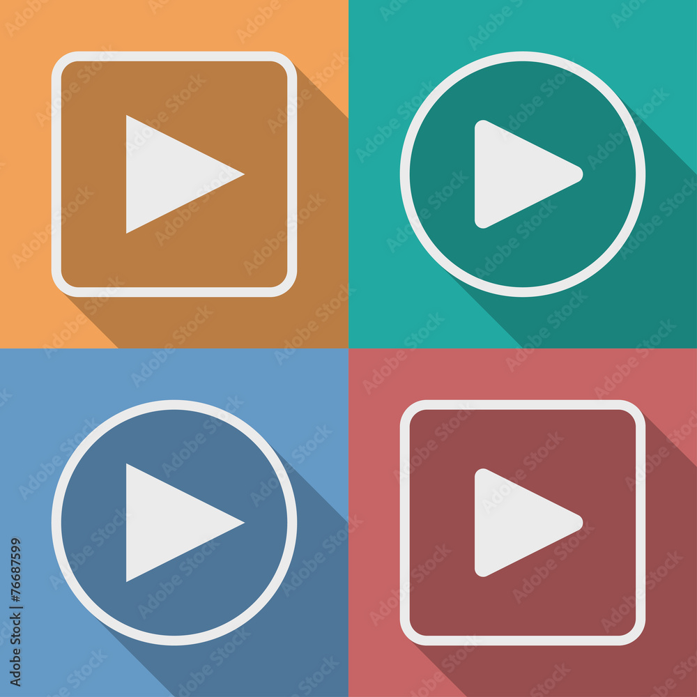 Set of play button icons with a long shadow Set of play button icons with a long shadow