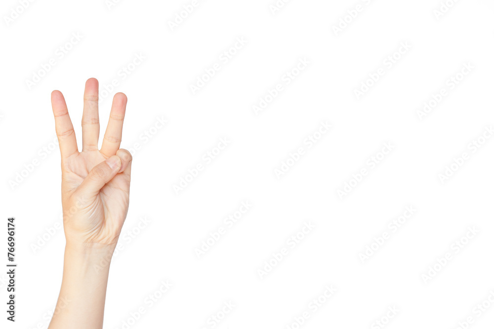 Japanese hand gesture: Number three on isolated white background