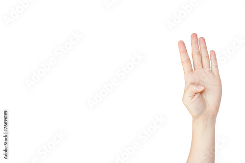 Japanese hand gesture: Number four on isolated white background