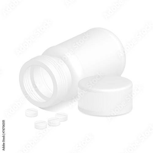 White plastic medical container with pills on white background