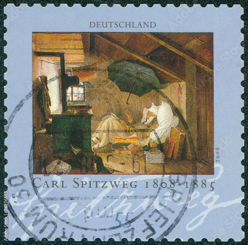 Obraz na plátně stamp shows the painting The Poor Poet by Carl Spitzweg