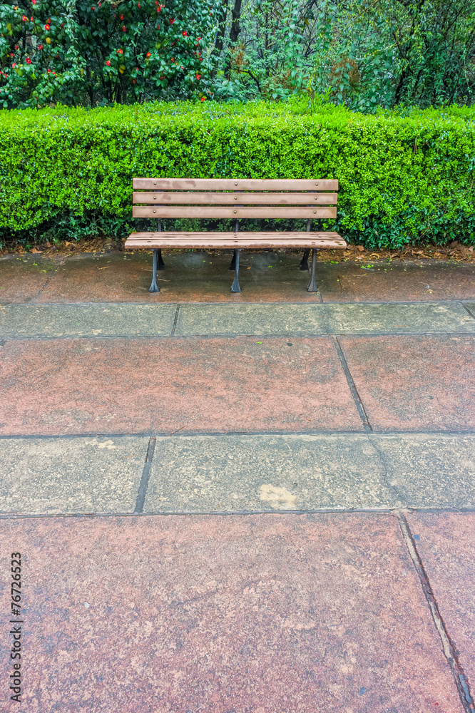 A wooden bench for relaxation in the garden of Memorial Hall gar A wooden bench for relaxation in the garden of Memorial Hall gar