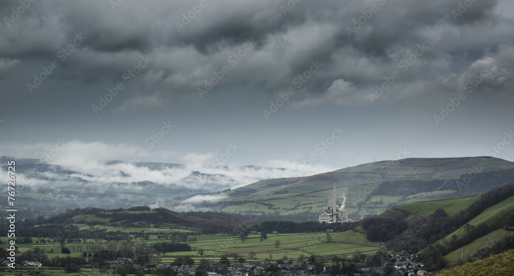 Misty Autumn morning landscape of Derwent Valley from Mam Tor in