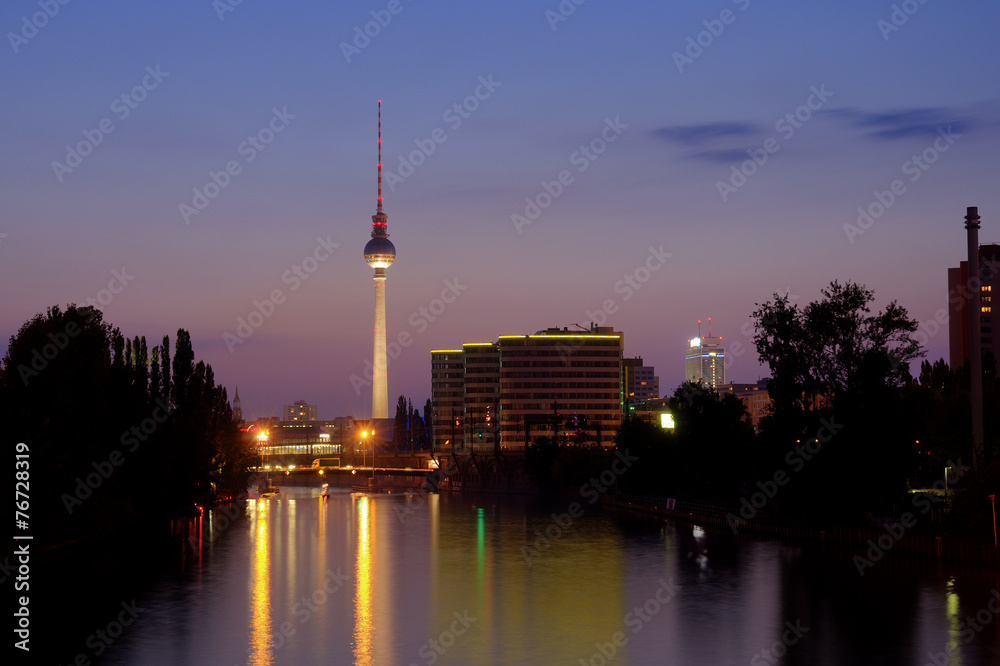 TV Tower of Berlin and the River Spree at evening after sunset, Germany, Europe