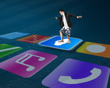 Man standing on shiny cloud icon with colorful app buttons