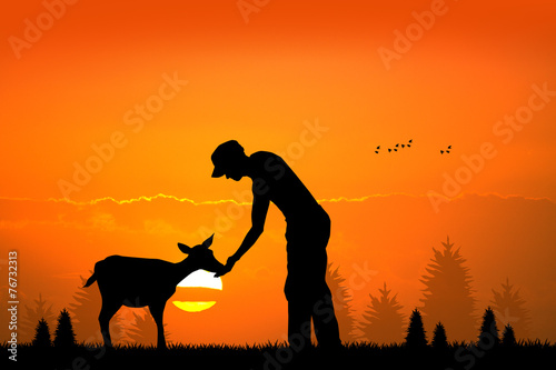 Man and deer in the forest