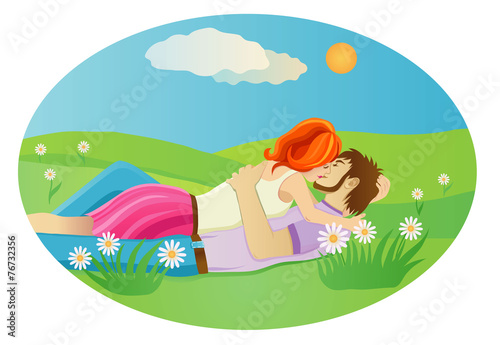 Kissing couple at the  meadow