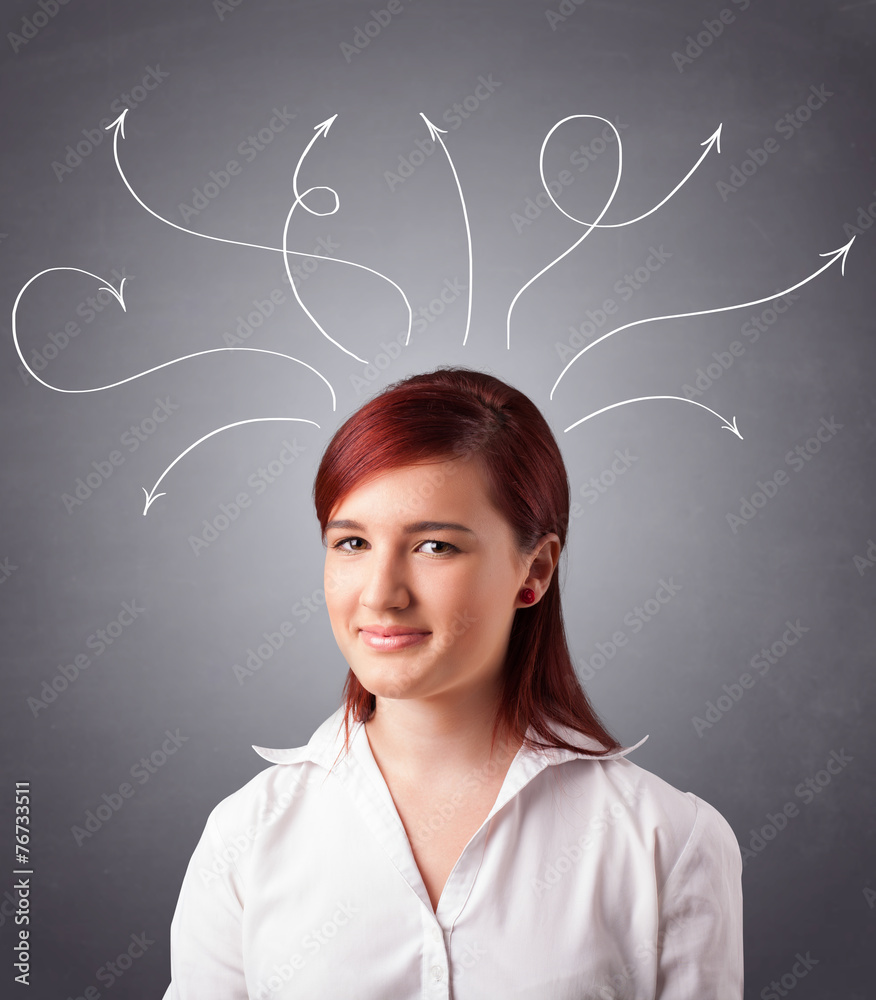 Young girl thinking with arrows overhead