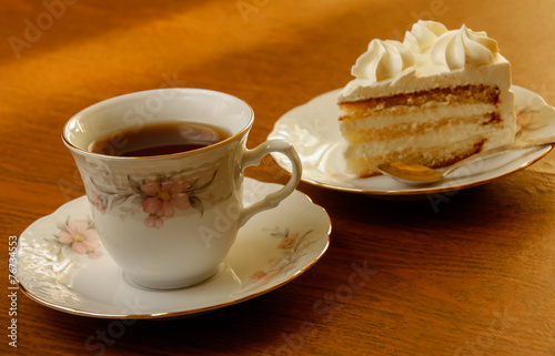 sweet cake with cup of tea