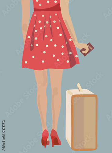 Woman with a suitcase and a passport. Girl ready to travel