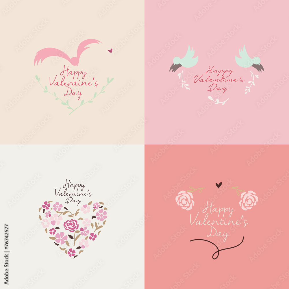 Happy Valentines day cards with hearts, birds and flowers