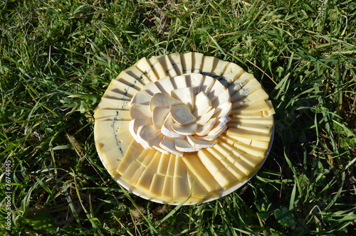Obraz na płótnie Assiette de fromage dans l'herbe w salonie
