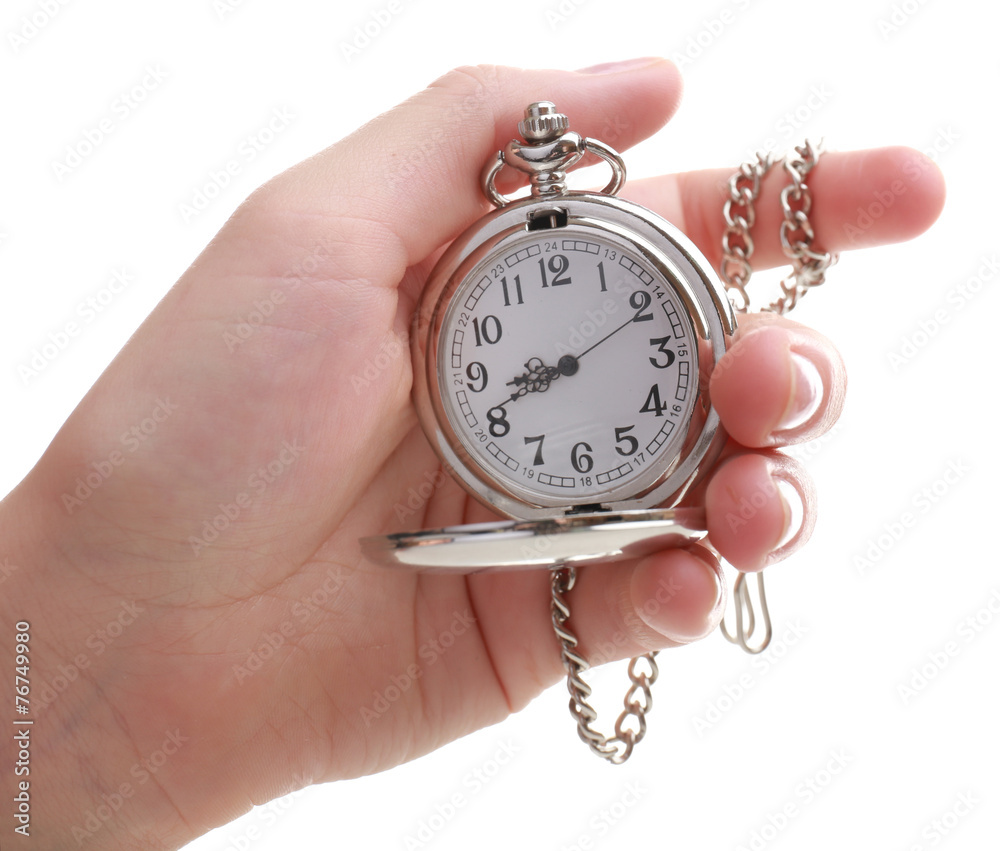 Silver pocket clock in hand isolated on white Silver pocket clock in hand isolated on white