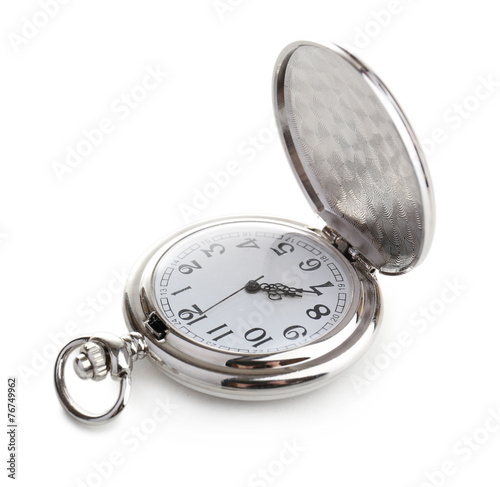 Silver pocket clock isolated on white