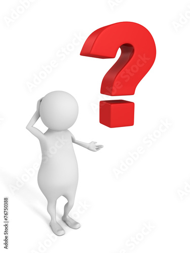 3d man with red question mark on white background