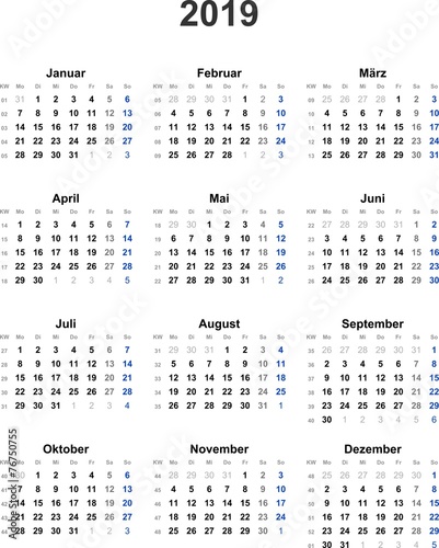Kalender 2019 universal - ohne Feiertage