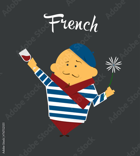 French man cartoon character, citizen, France in beret and