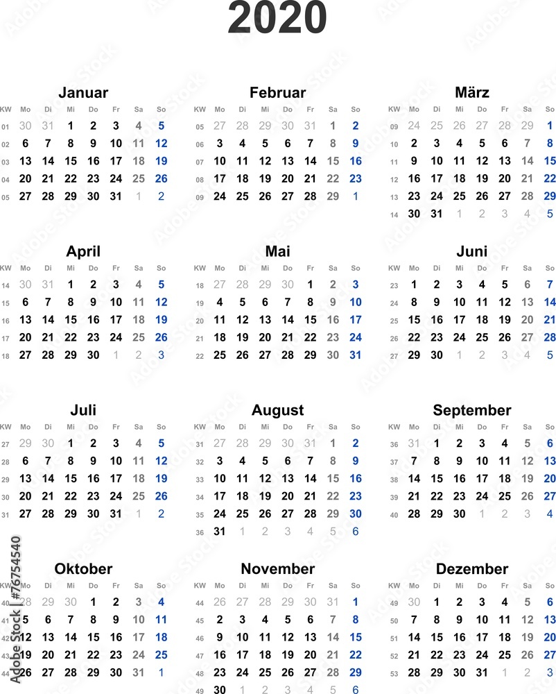 Kalender 2020 universal - ohne Feiertage
