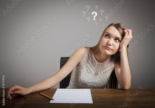 Quadro em tela Girl in thoughts. Question marks.