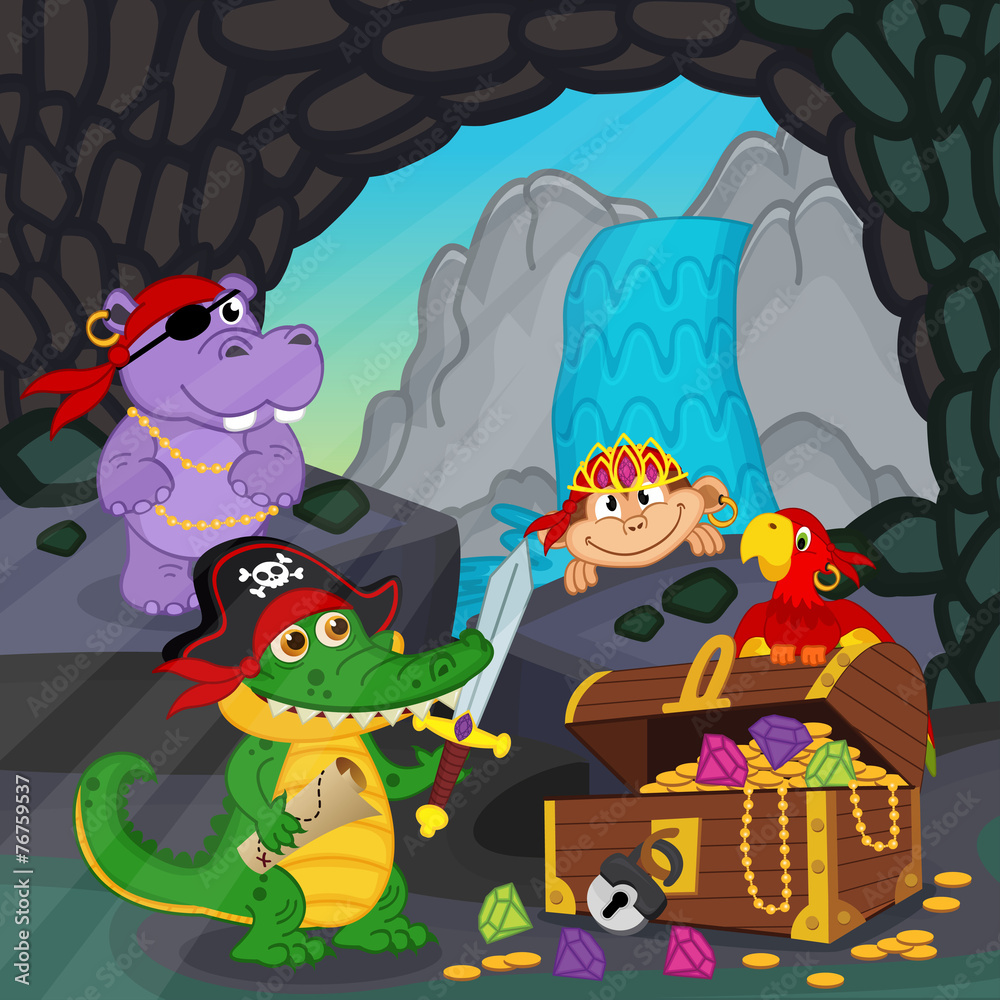 pirates found treasure in a cave - vector illustration, eps