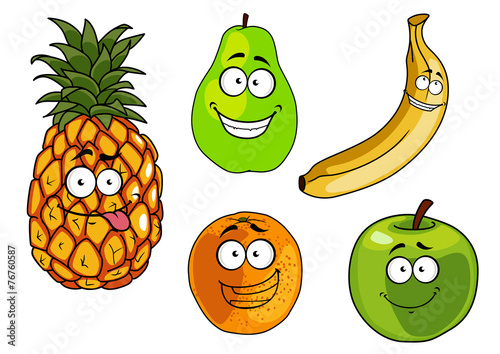 Cartoon apple, banana, orange, pineapple and pear fruits