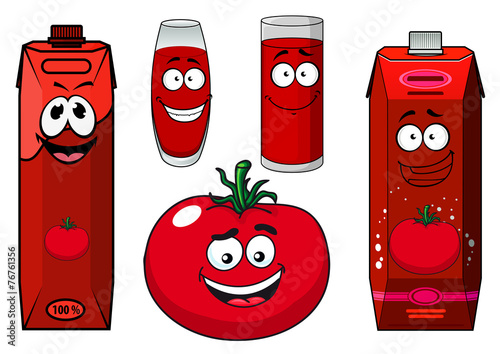 Cartoon tomato vegetable, juice packs and glasses