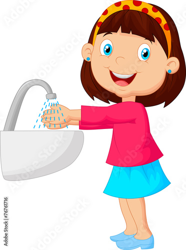 Cute cartoon girl washing her hands