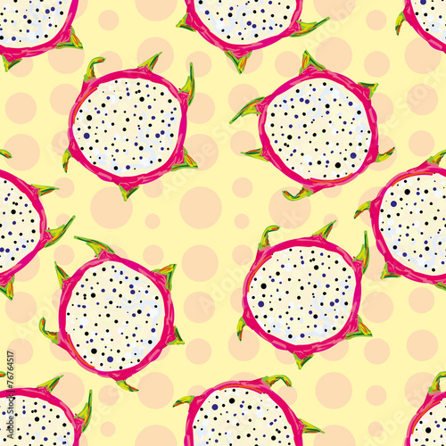 Seamless tropical pattern with fresh sliced white dragon fruit