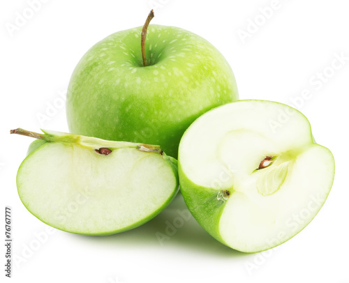 green apple with slice isolated on the white background