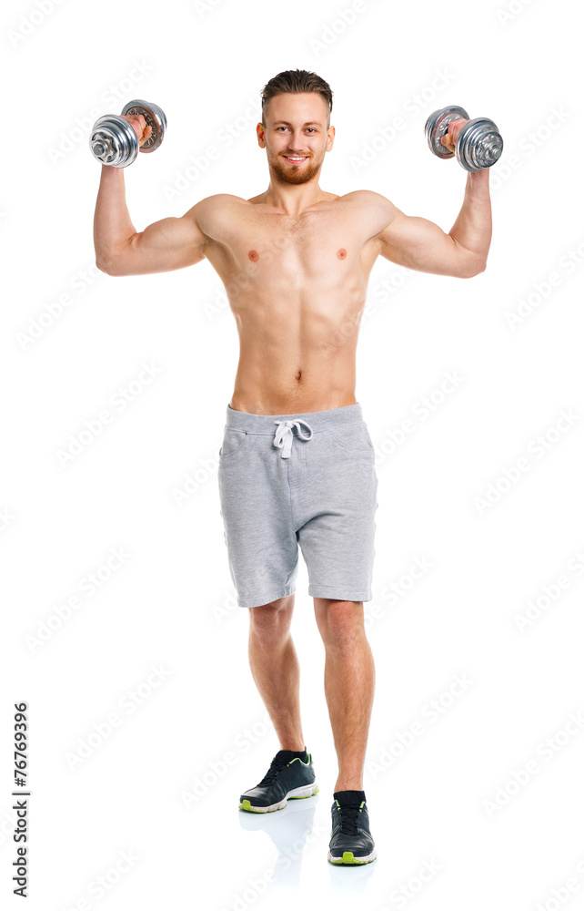 Athletic man with dumbbells on the white