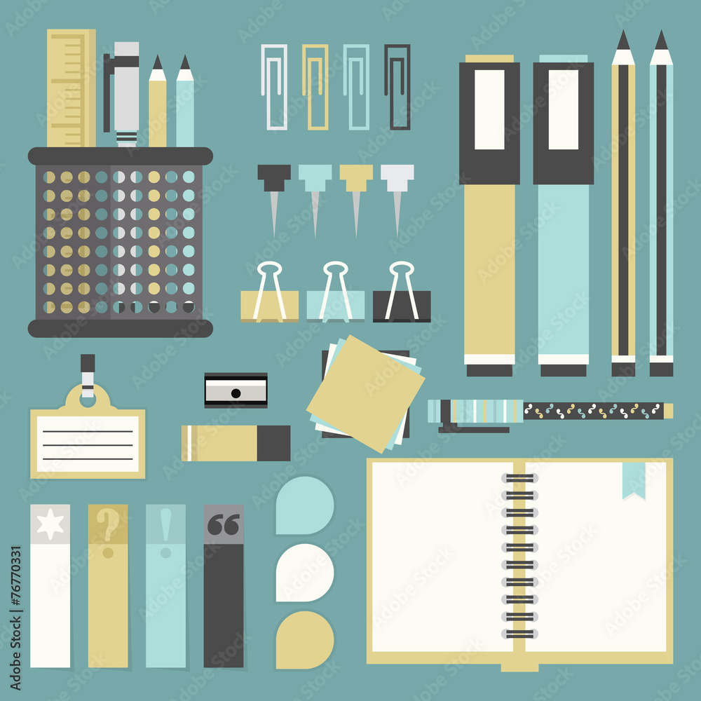 Office tools, supplies, and stationery icons set - Flat design Office tools, supplies, and stationery icons set - Flat design
